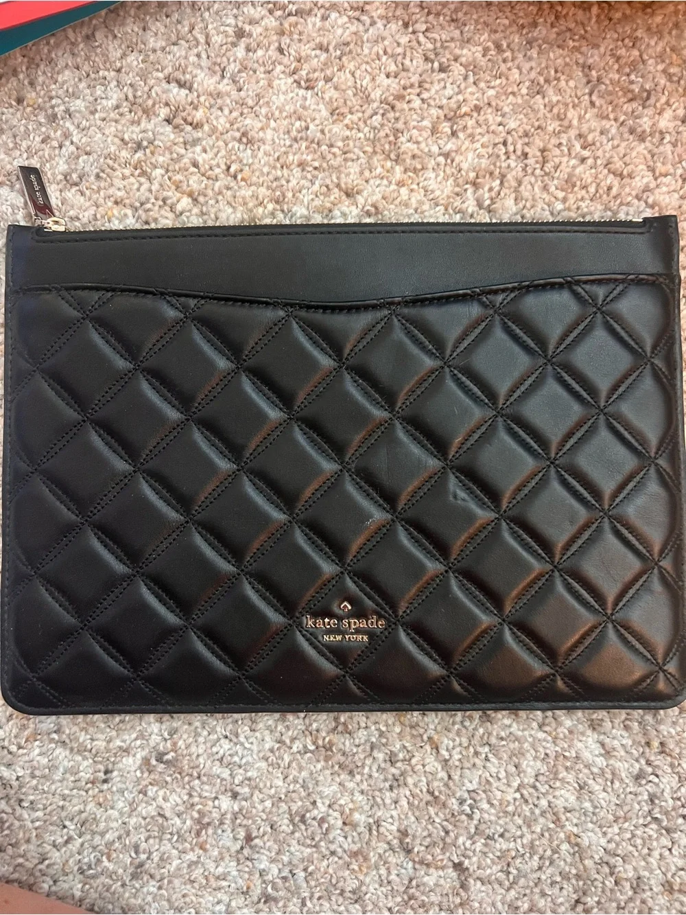 kate spade Black Quilted Leather Zip Pouch with Gold Logo